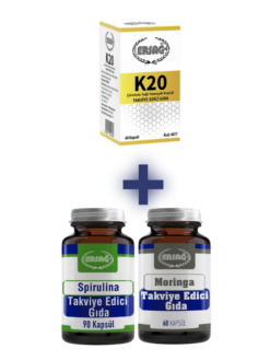 K20 takviye edici gıda yanında hediye moringa ve spirulina bitkisel takviye seti